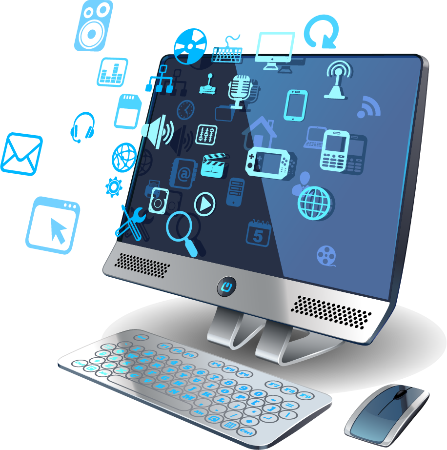 Ilustração de telas de computador e celular representando o desenvolvimento de sites e aplicativos web pela JUWEBS